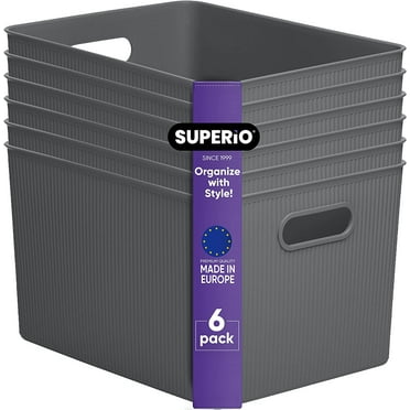 Superio Ribbed Plastic Storage Basket Organizer (6 Pack), 22 Liter Classic Closet Storage Bin for Shelf, Desk, Pantry â Store Toys, Clothes, Cosmetics, Stationary â Grey
