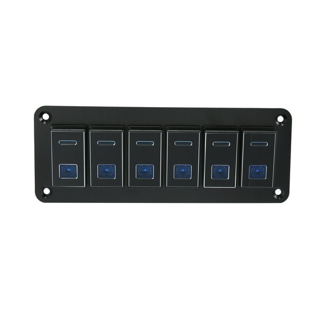 Car Marine Boat 6 Gang 5 Pin Toggle Rocker Switch Panel 12V/24V Circuit Breaker Blue LED Indicator Waterproof Aluminum Alloy Black