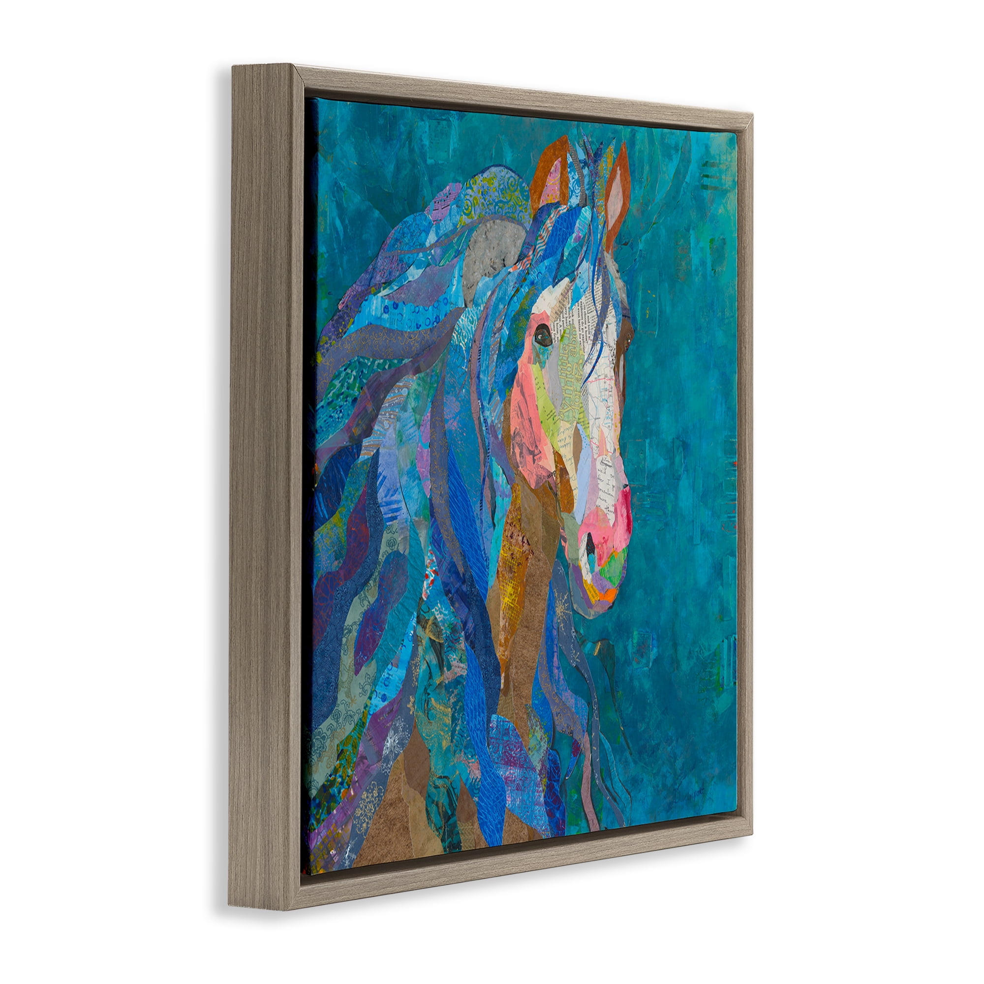 Stupell Industries Blue Collaged Pegasus Animals Painting Brown Floater Framed Canvas Art Print Wall Art, 18 x 18