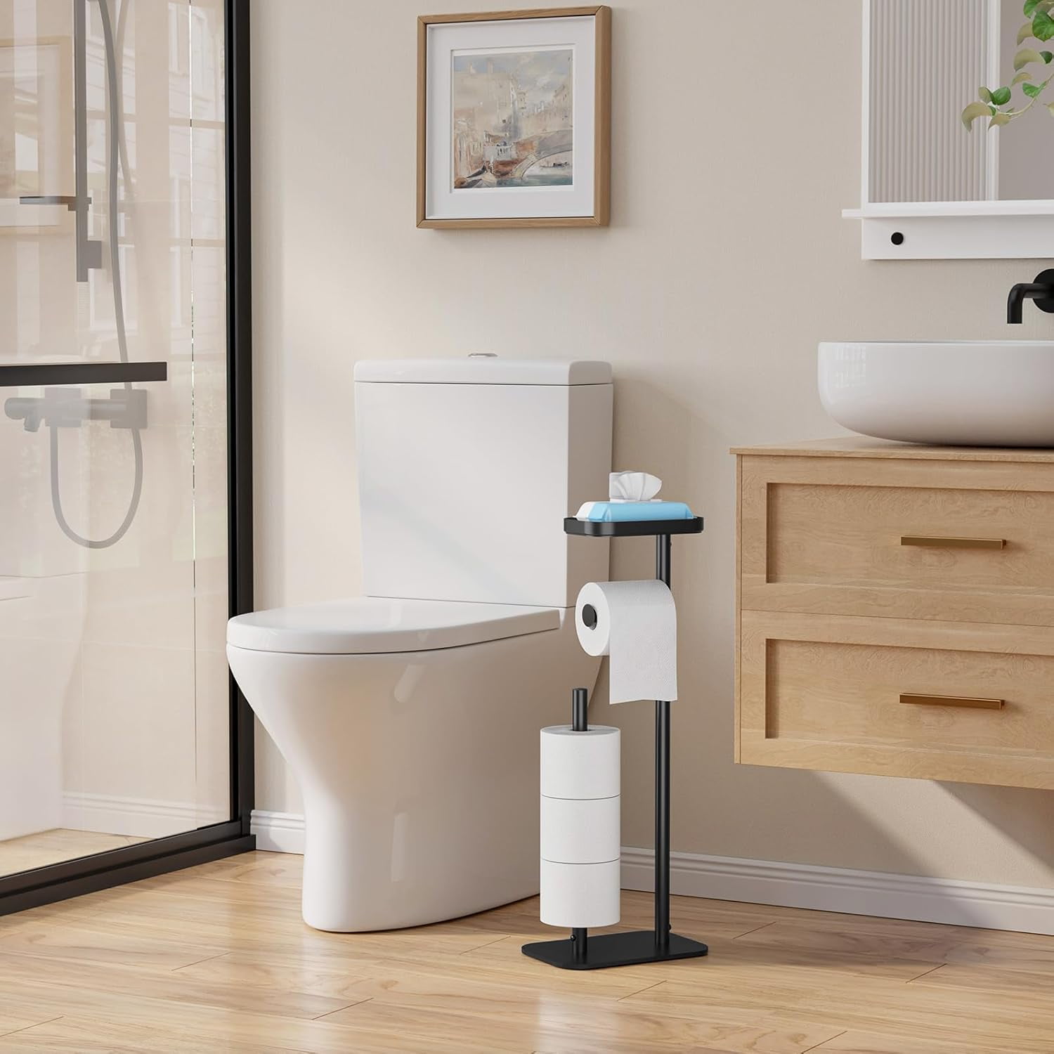 Toilet Paper Holder Free Standing – Rustproof Metal Toilet Paper Stand for 4 Rolls with Anti-Slip Base and Shelf for Phone & Small Items, Bathroom Organizers and Storage, Medium, Chrome Silver