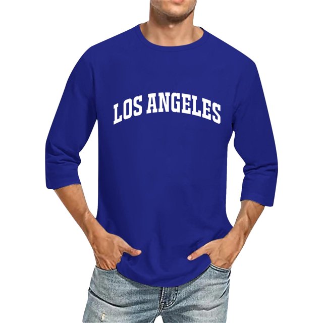 T-Shirts pour Hommes Manches 3/4 Nom de Ville Confortable Col Rond Couleur Unie Ajusté Graphique Bleu Automne Taille XXXXXL