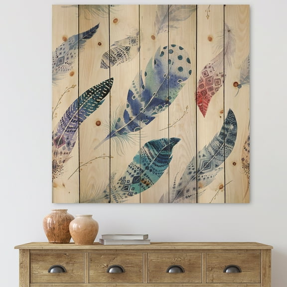 Designart 'Elegant Blue Boho Art Feathers' Bohemian & Eclectic Print on Natural Pine Wood