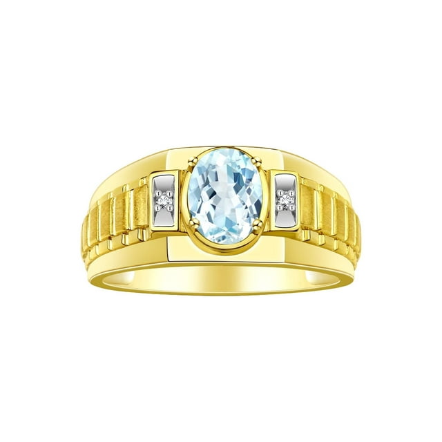 RYLOS Men's Rings 14K Yellow Gold Ring Classic Designer Style 8X6MM Oval Gemstone & Diamond Ring Aquamarine Birthstone Rings For Men Size 13