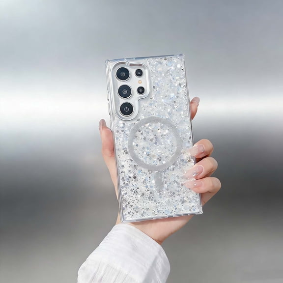 For Samsung Galaxy S23 Plus Phone Case,Compatible with Wireless Charging,Bling Glitter Sequins Back Design,Dazzling Cute Shockproof Ultra Slim Anti-fall Drop Protection,Rugged Phone Case,White