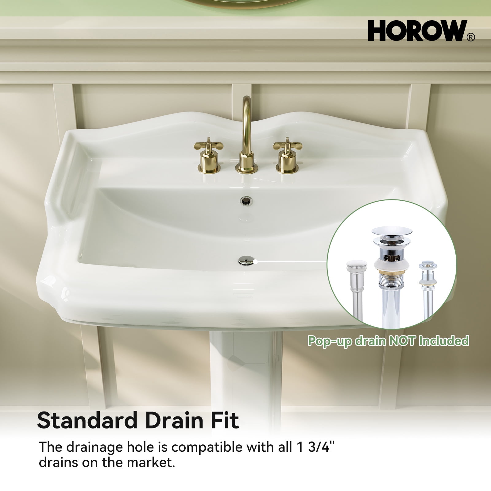 HOROW Bathroom Pedestal Sink, 23" W X 19" D Vintage Rectangular,with Overflow & 3 Pre-Drilled Holes