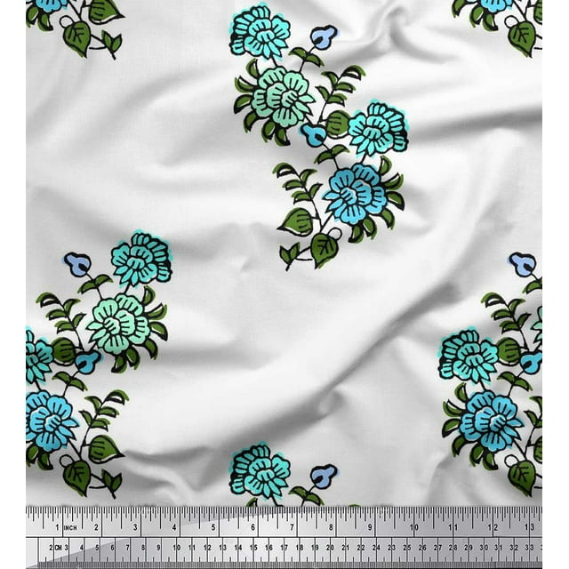 Soimoi Satin Silk Fabric Leaves & Floral Block Decor Fabric Printed Yard 42 Inch Wide
