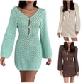 thumbnail image 6 of Alkepwun Beach Cover Ups for Women Sexy Deep V Neck Crochet Knit Hollow Out Cover Up Dress Summer Boho Long Bell Sleeve Mini Dress Summer Beach Vacation Swimsuit, 6 of 6