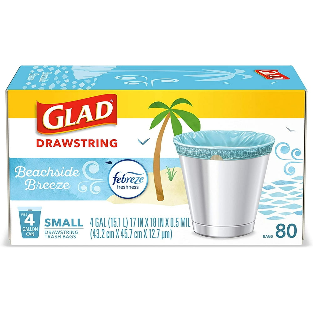 Glad OdorShield Small Drawstring Trash Bags, Febreze Beachside Breeze,4