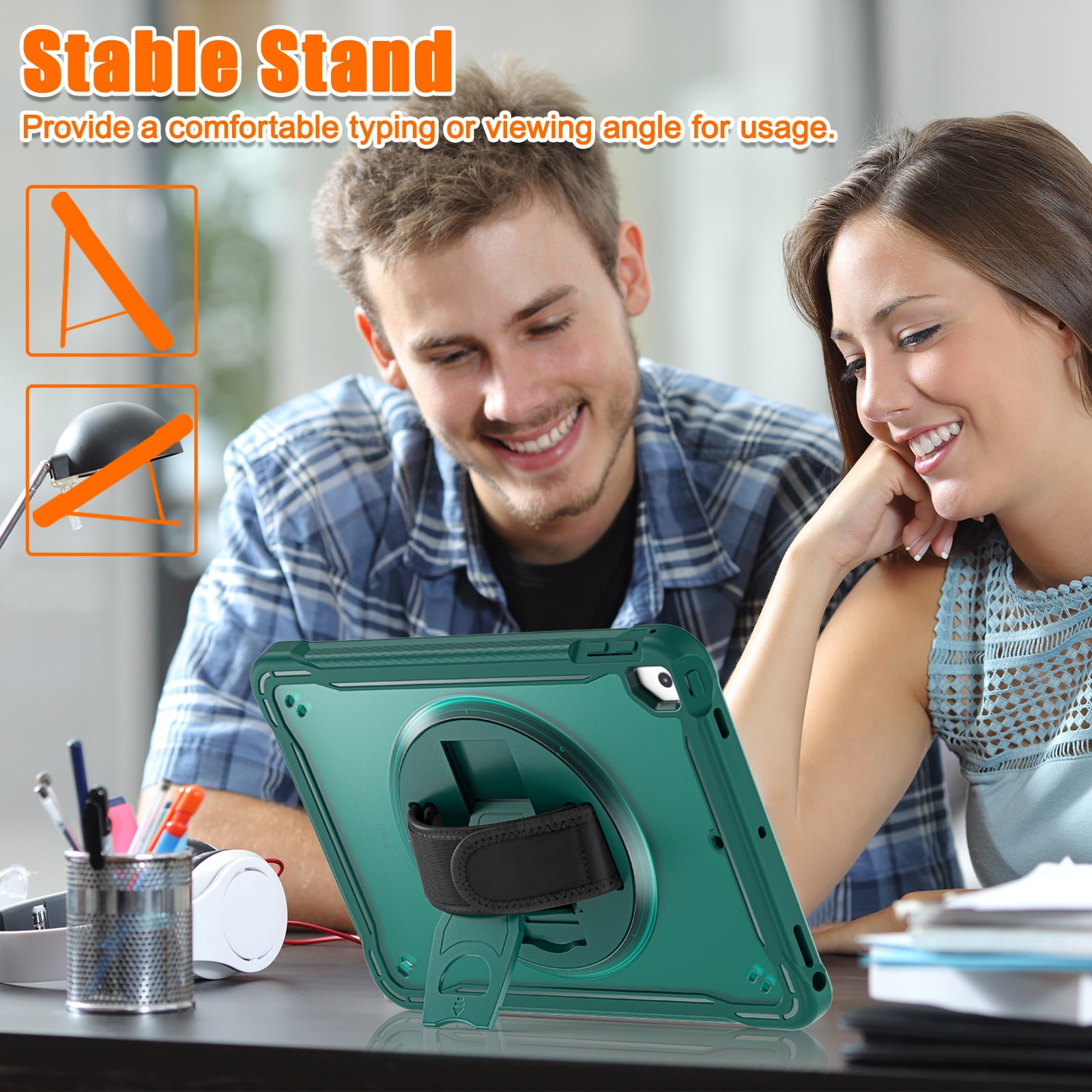 Dteck Case for iPad Air 2/iPad Pro 9.7"/iPad 5th/6th Generation,Military Grade Shockproof Silicone Protective Cover 360° Rotatable Stand- Shoulder Strap- Handle- Pencil Holder,Darkgreen