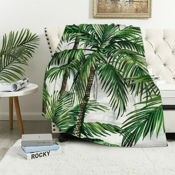 JRXY Tropical Throw Blanket Hawaii Beach Theme Sherpa Blanket Ocean Surfing Palm Tree Printed Plush Blanket Green Plants Nature Fuzzy Blanket for Sofa Bed Couch Throw White