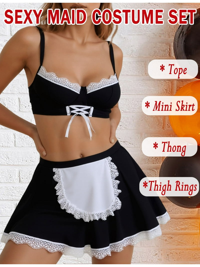 Ausing Womens Maid Lingerie Set Halloween Roleplay Costumes Mini Skirt Lace Up Crop Tank Top with Panties 5pc Black XL