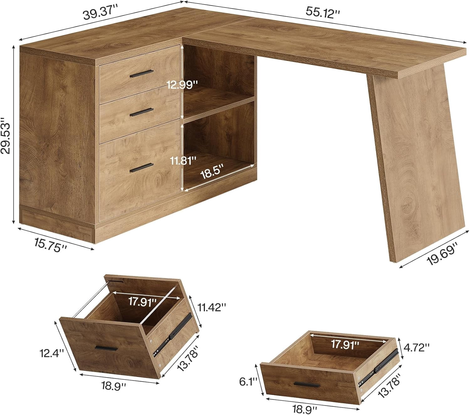55-Inch L Shaped Computer Desk with 3 Drawers, Corner Home Office Desk with Storage Shelves