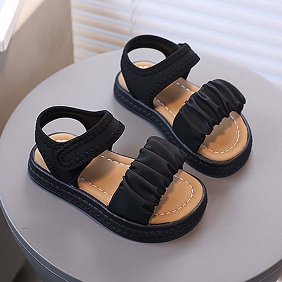 Girls Ruched Strap Sandals, Hook-and-Loop Soft Sole Summer Shoes, Lightweight Casual Flat Sandals for Kids