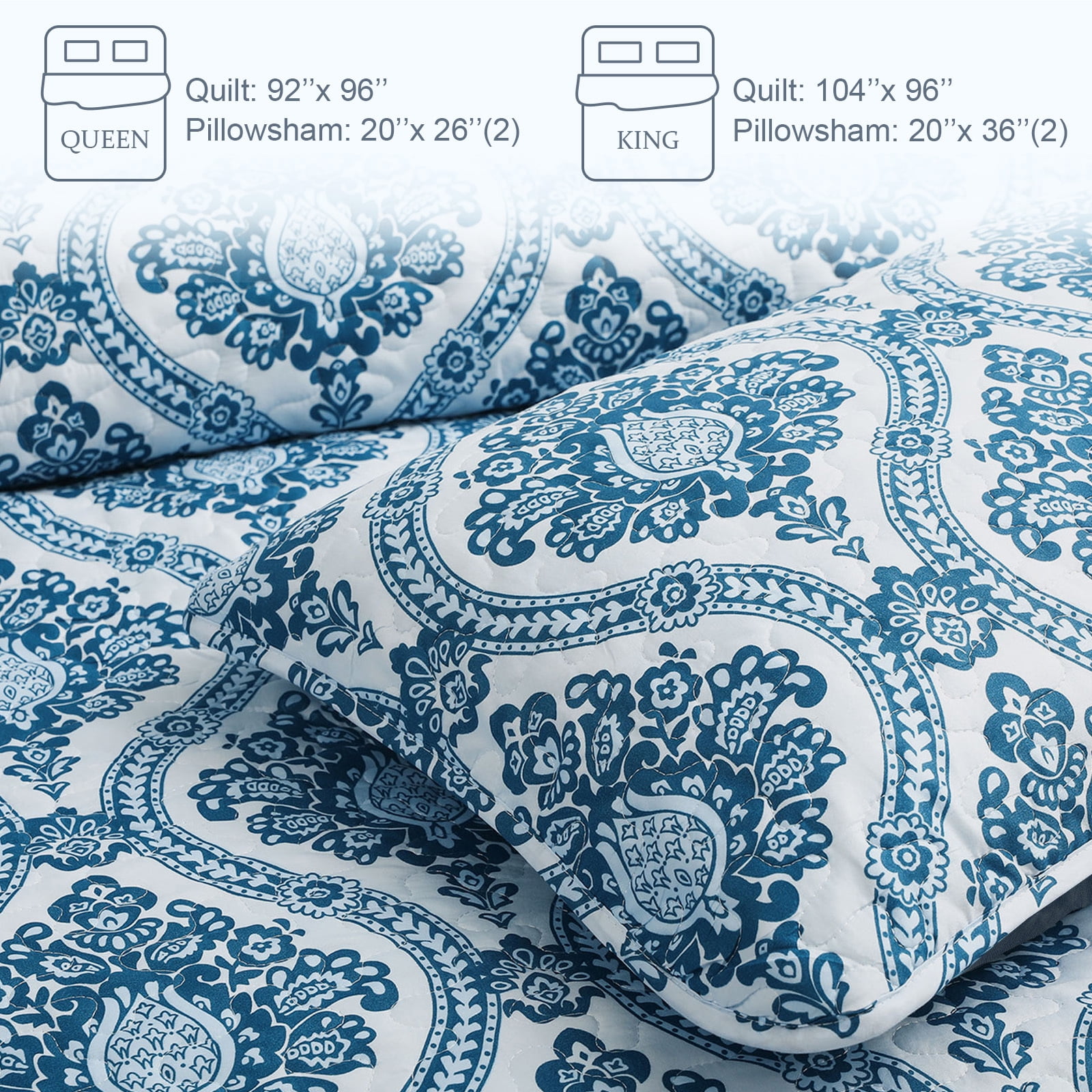 Exclusivo Mezcla 3 Pieces King Size Boho Damask Quilt Set, Microfiber Lightweight Bedspreads/ Coverlet/ Bedding Set with 2 Pillow Shams (96"x 104", Navy)