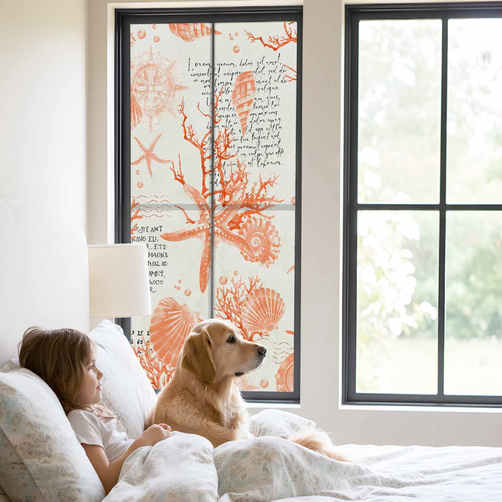 Orange Coastal Window Privacy Film, Starfish Shell Coral Seahorse Frosted Glass Window Clings Static Cling UV Heat Blocking Reusable Door Sticker for Bathroom 23.6 x 59 Inch