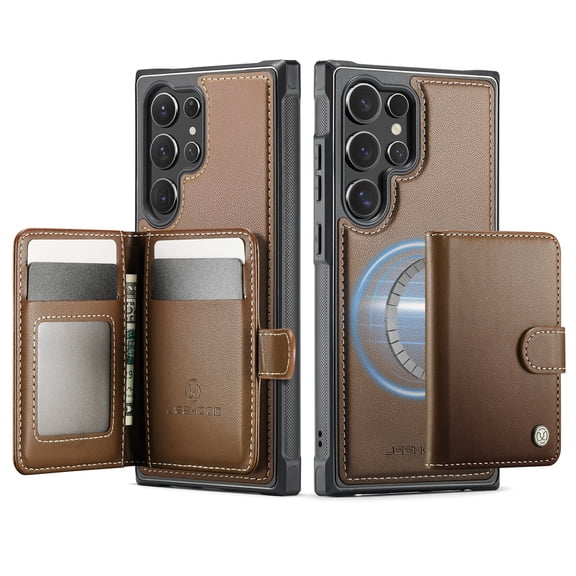 For Samsung Galaxy S26 Ultra Phone Case,2-in-1 Magnetic Removable Card Holder,Compatible With Mag-Safe,PU Leather TPU PC Hybrid Shockproof Anti-fall Protection,Durable Phone Case,Brown