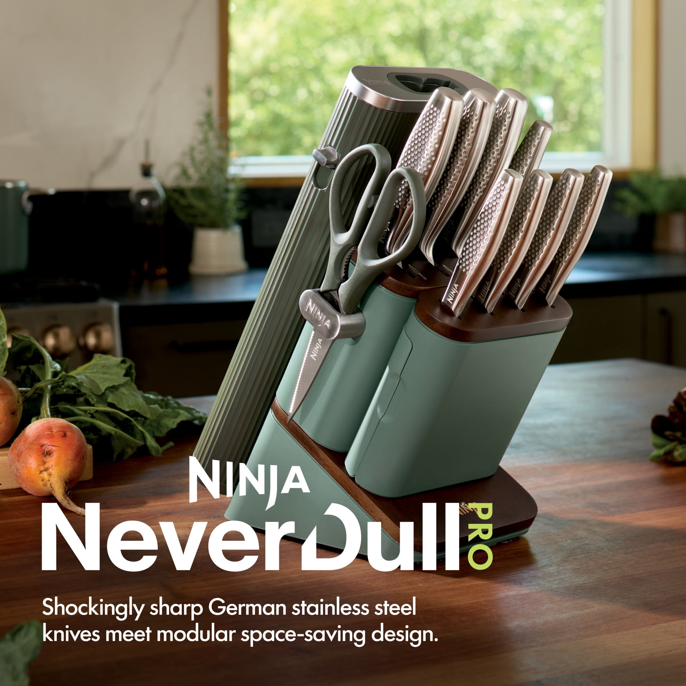 Ninja NeverDull Pro 11-Piece Knife System with Removable Sharpener, Laser-Cut Blades, WK62011GN6, Stone Mountain