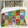 Nursery Queen Size Duvet Cover Set, Group of Funny Young Animals in Colorful Squares Happy Cartoon Wildlife Collection, Decorative 3 Piece Bedding Set with 2 Pillow Shams, Multicolor, by Ambesonne