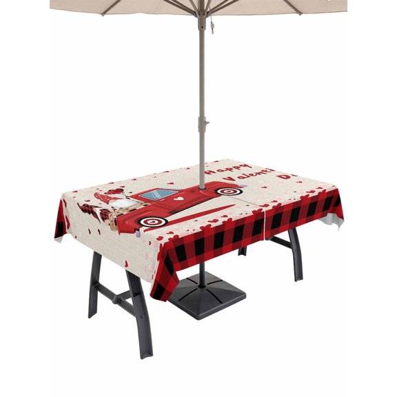 Outdoor Tablecloth with Umbrella Hole and Zipper, Valentine's Day Rectangle Table Cloth 60x84 Inch Waterproof Tablecloth, Red Black Plaid Farmhouse Gnomes Truck Rustic Picnic Table Cover for Patio