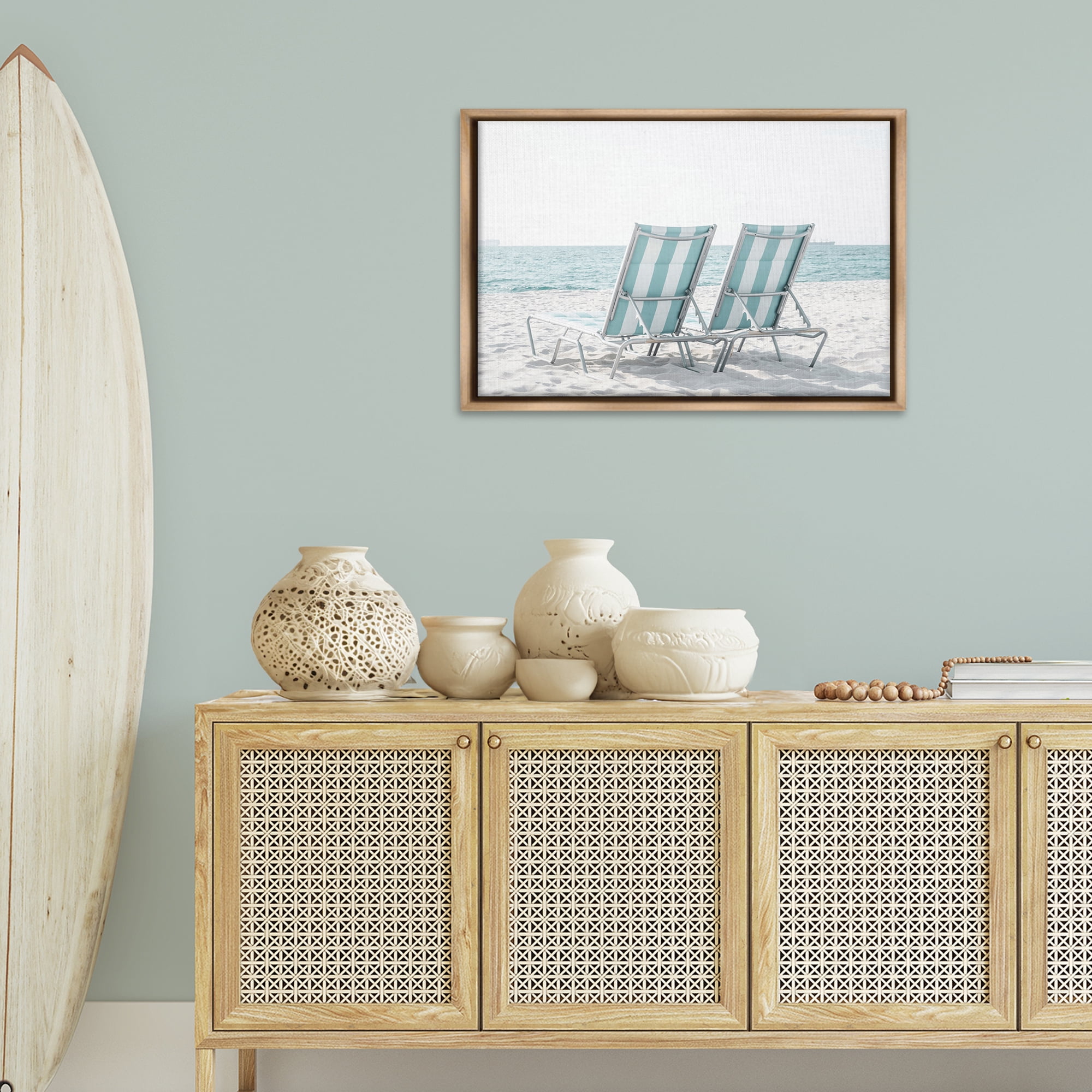 Stupell Industries Blue Beach Chairs Pair Nautical & Beach Photography Brown Floater Framed Canvas Art Print Wall Art, 31 x 21