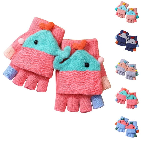 Kilaqueen Cute Cartoon Whale Kids Fingerless Gloves Cotton Winter Gloves Toddler Finger Mittens Knit Convertible Half Finger Mitten Flap 6-10 Years