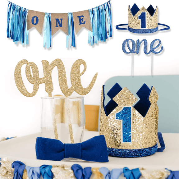 First Birthday Decorations for Baby Boy, Complete Set with Number One Crown, High Chair Banner and Burlap Decor in Gold & Blue