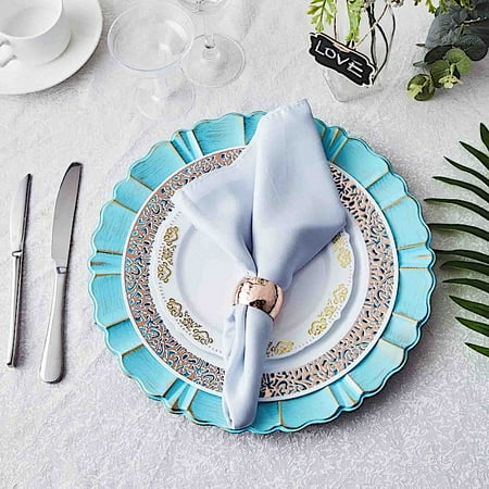

BalsaCircle 24 Blue Gold 13 Acrylic Wooden Textured Round Scalloped Trim Plastic Charger Plates