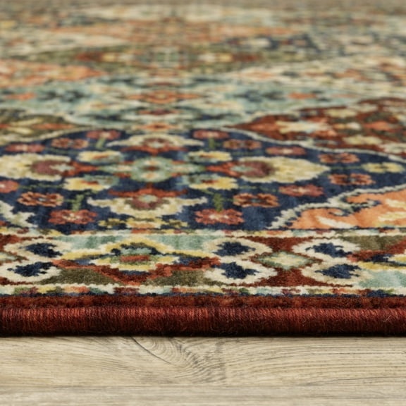 HomeRoots 509268 2 x 3 ft. Red Rust Navy Light Blue Brown Orange Ivory & Gold Oriental Power Loom Stain Resistant Rectangle Area Rug with Fringe