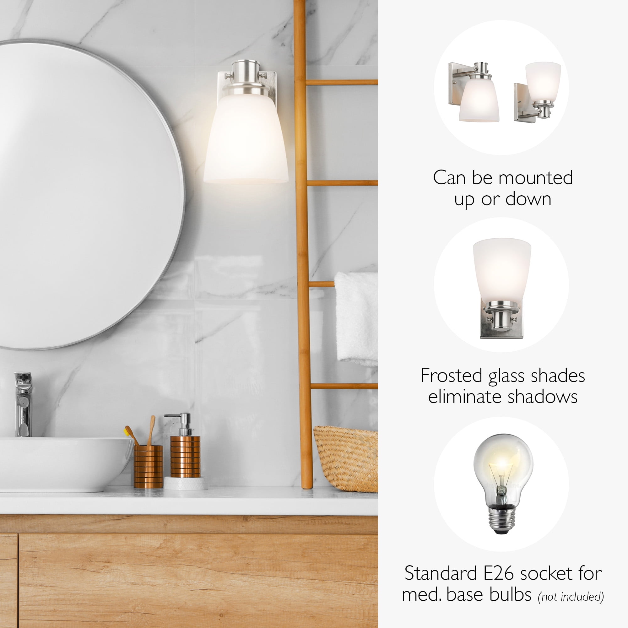 Design House Atkinson Transitional 1-Light Dimmable Satin Nickel Wall Sconce with Frosted Glass