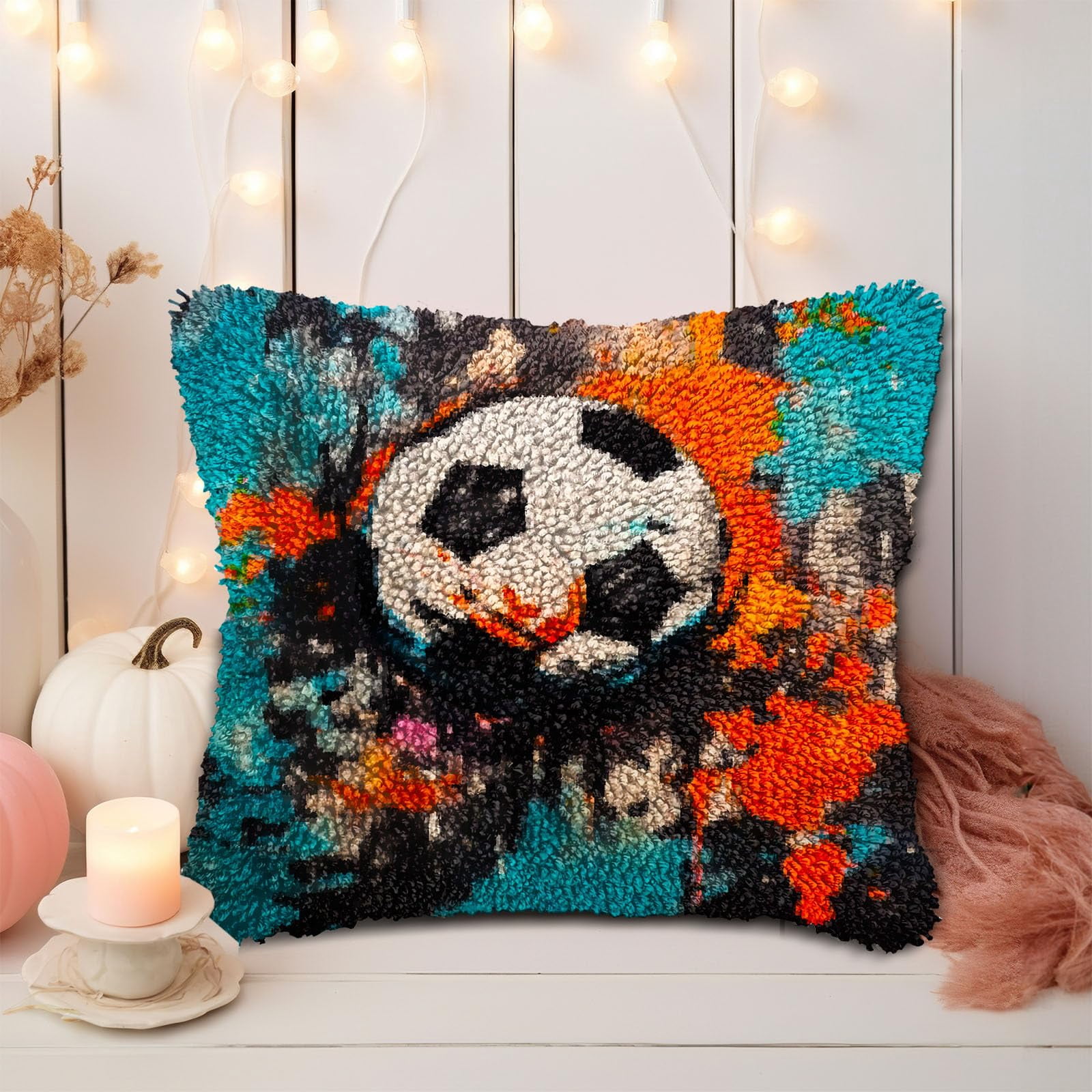 Graffiti Colorful Soccer DIY Latch Hook Pillow Kits for Adults Printed Pillowcase Crochet Yarns Hooking Handmade Pillow Cover Cushion for Home Sofa Decoration 17x17inch