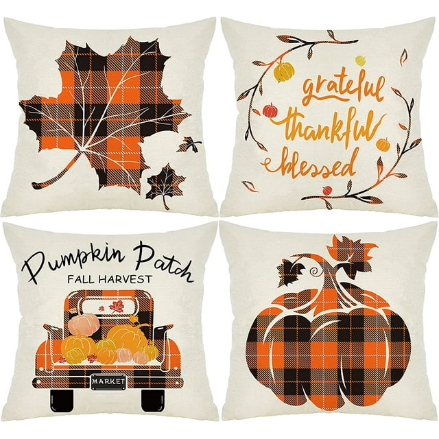 Fall Throw Pillow Covers 20x20 Autumn Set of 4 Buffalo Check