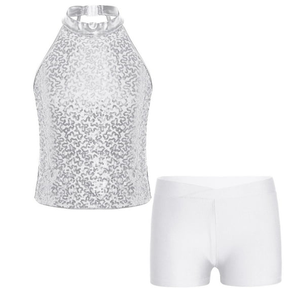 Alvivi Kids Girls Sleeveless Sparkly Sequin Dance Tops with Shorts Set for Gymnastics Sports White 6