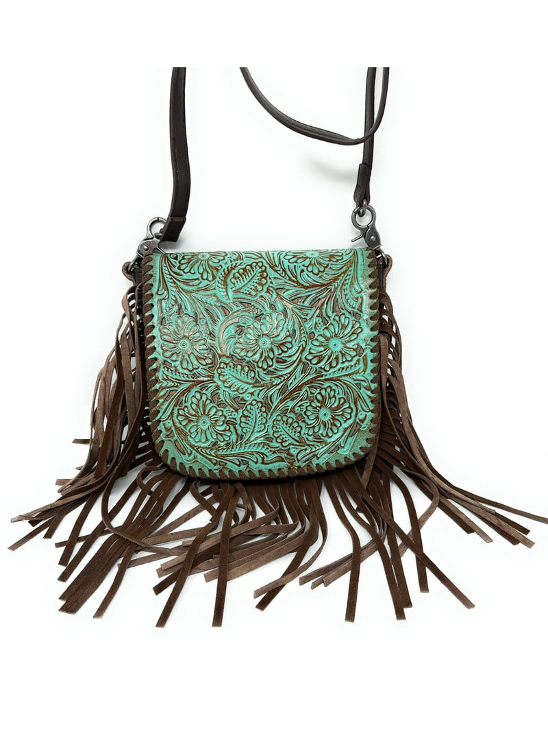 Handcrafted Leather Western Floral Tooled Womens Fringe