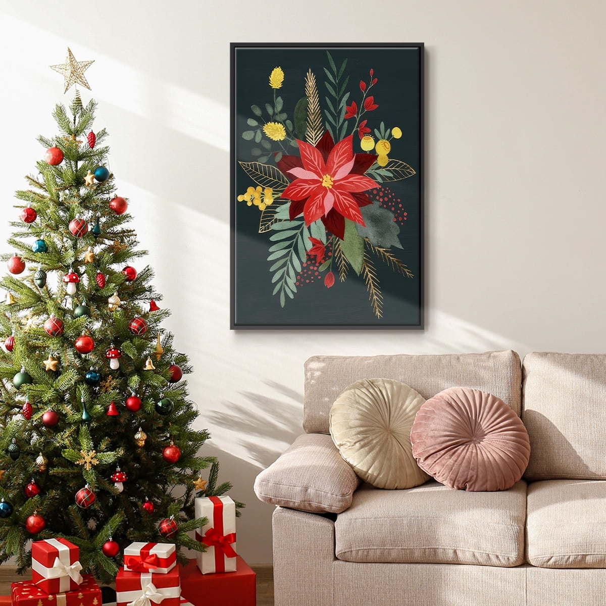 Bright Christmas Night Collection B - Framed Gallery Wrapped Holiday Canvas - 25 x 37 - Black Frame