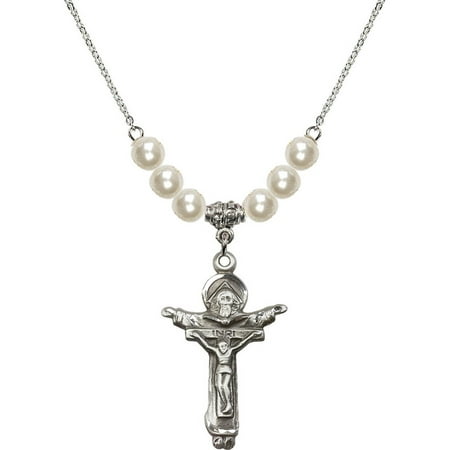 - 18-Inch Rhodium Plated Necklace with 6mm Faux-Pearl Beads and Trinity Crucifix Charm