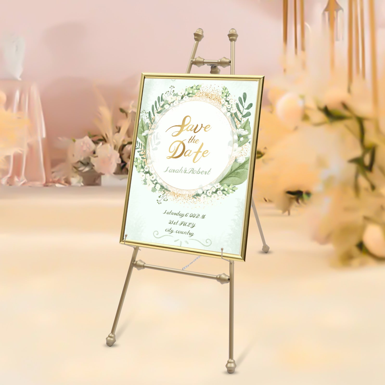 Gold Iron 2pcs 50*118cm Car Show Easel Stand Large Wedding Easel Stand with Adjustable Hooks Foot Pads