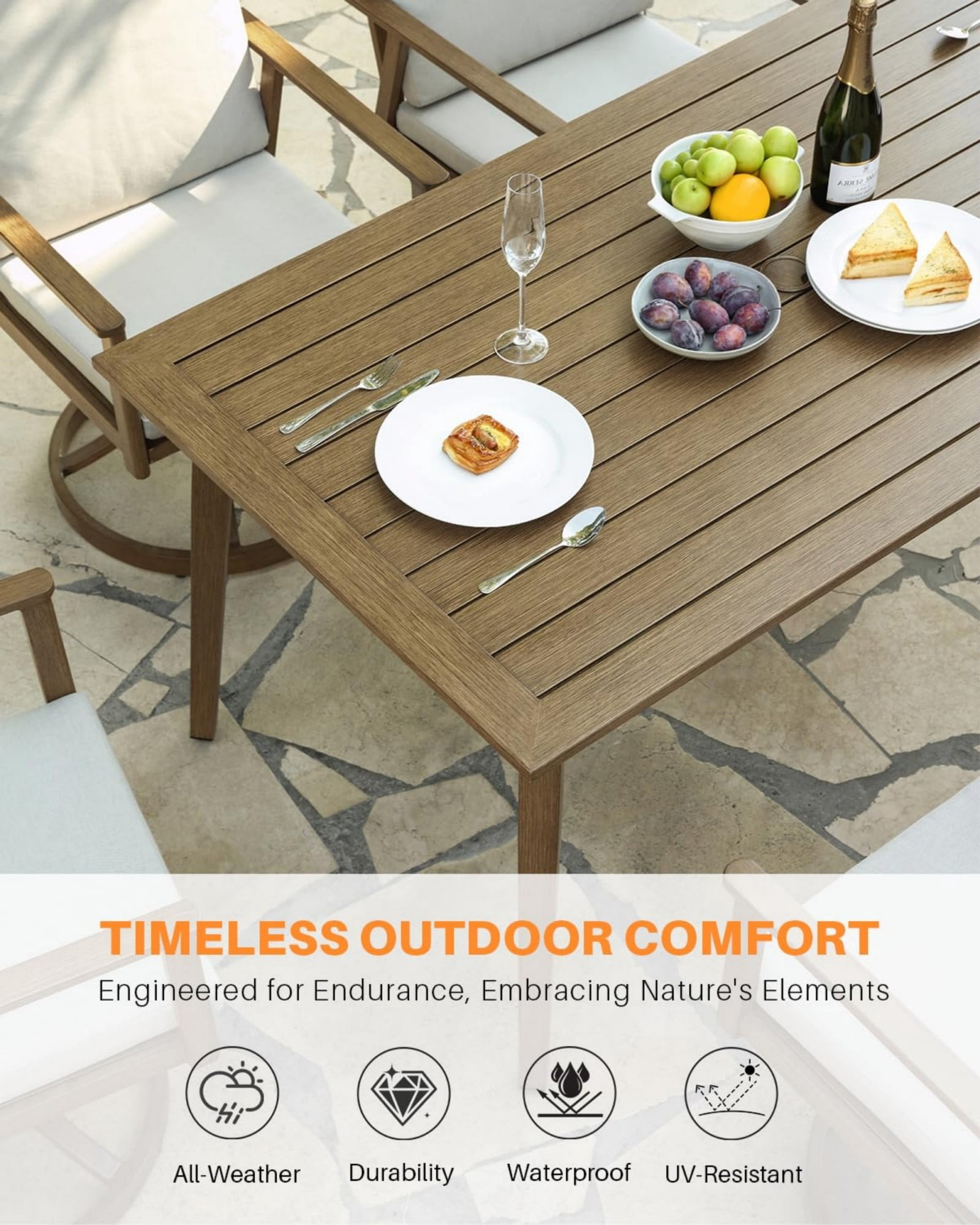 Outdoor Patio Dining Table for 8, Aluminum Outdoor Dining Table with Umbrella Hole, All Weather Patio Table for Garden, Deck, Porch, Lawn, Backyard Furniture, Brown