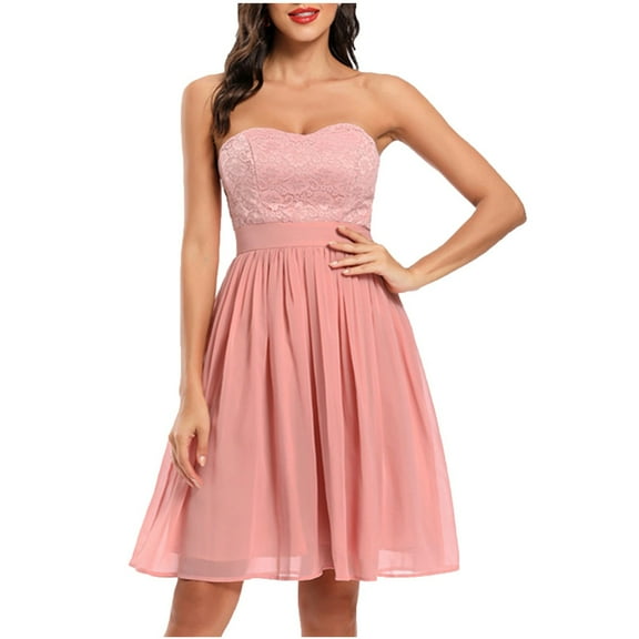 Wycnly Womens Dresses Evening Party Sexy Lace Patchwork off Shoulder Empire Waist Dresses Fashion Solid Tube Top Sleeveless Midi Summer Dress Pink l