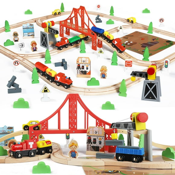 Juego de trenes de madera TOY Life, 80 unidades, para niños y niñas de más de 3 años