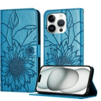 Designed For iPhone 14 Pro Max Flip Phone Case,Flip Folio Cover with Credit Card Holders Emboss Sunflower PU Leather Purse Kickstand Shockproof A nti-fall Ultra Slim Phone Case,Blue