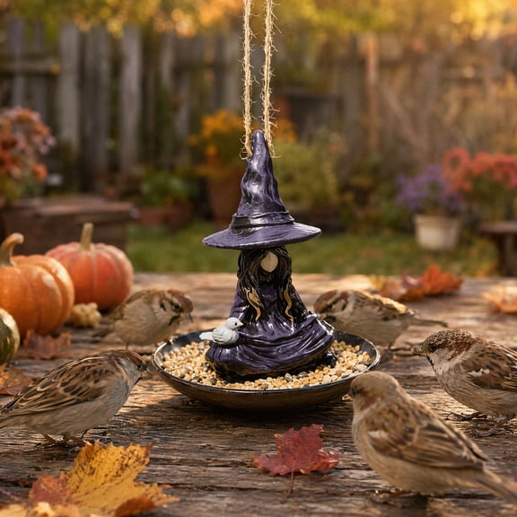 mdesiwst Meditating Witch Bird Feeder, Outdoor Hanging Bird Feeder, Waterproof Resin Witch Bird Feeder for Garden Decoration