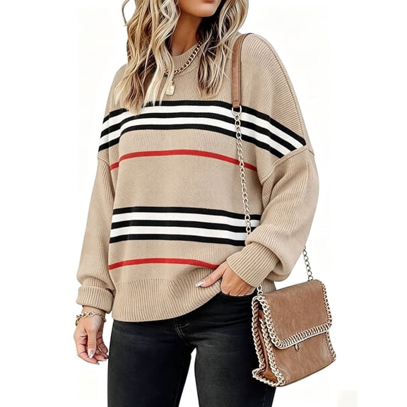 Womens Sweaters Fall Long Sleeve Knit Tops Striped Oversized Sweater Batwing Sleeve, Cute Lightweight Side Slit Crew Neck Knitted Pullover Spring Clothes Winter Outfits, Beige L
