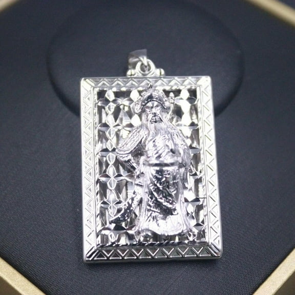 HOOUN Solid 925 Sterling Silver Men Women Lucky Carved Guan Yu Square Oblong Pendant