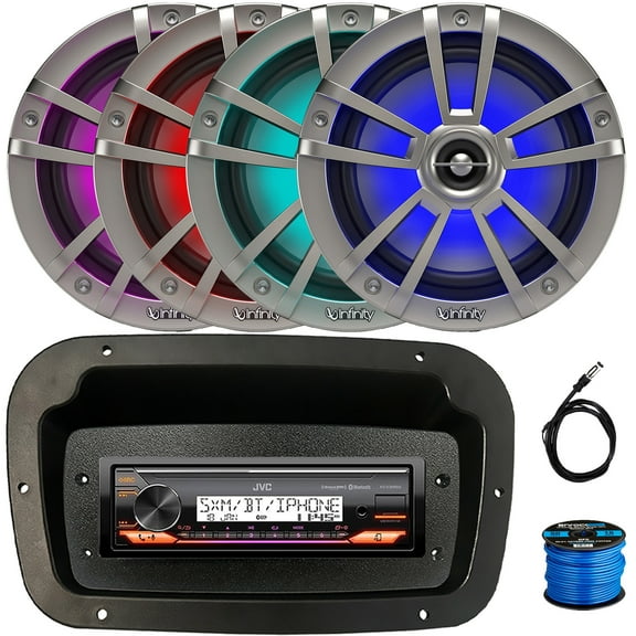 JVC KD-X38MBS Single-DIN Marine Bluetooth USB/AUX LED AM/FM Stereo SiriusXM Ready Receiver W/Spa Bezel   Adapter Plate, 4x 6.5" 225W Max Power Coaxial Titanium Boat RGB LED Speakers W/Wire, Antenna