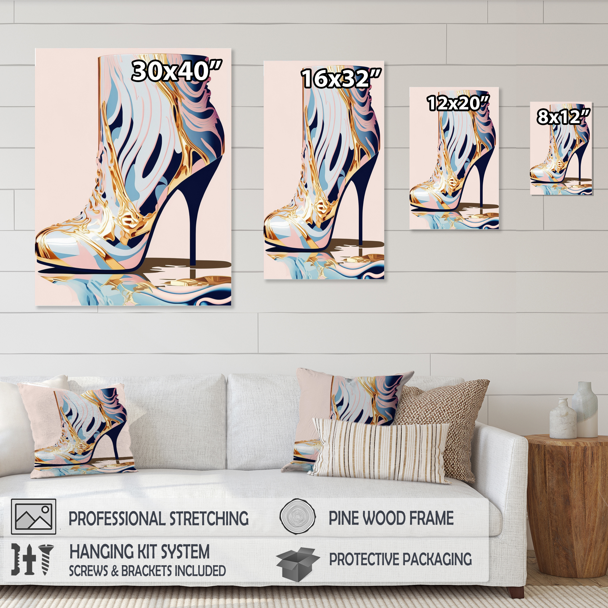 Designart Pink And Blue Art Deco High Heel Boots II Canvas Wall Art