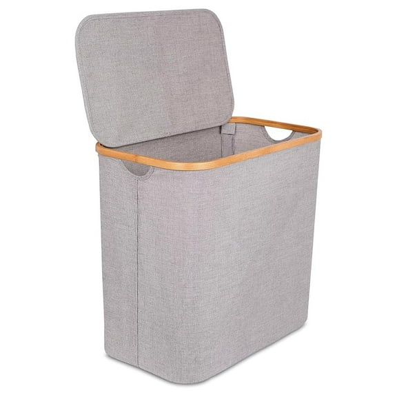 Bamboo Laundry Hamper with Lid - Foldable Canvas Basket - Single Laundry Storage for Bedroom, Bathroom, Dorm - 21" x 13" x 20"