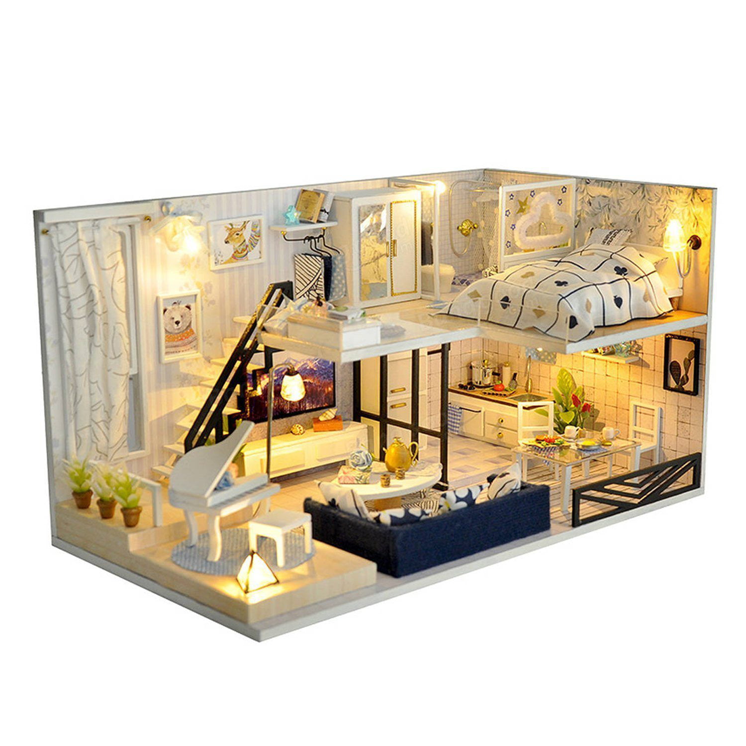 1/24 madera DIY Dollhouse kit esquina salón w/muebles & luz LED 