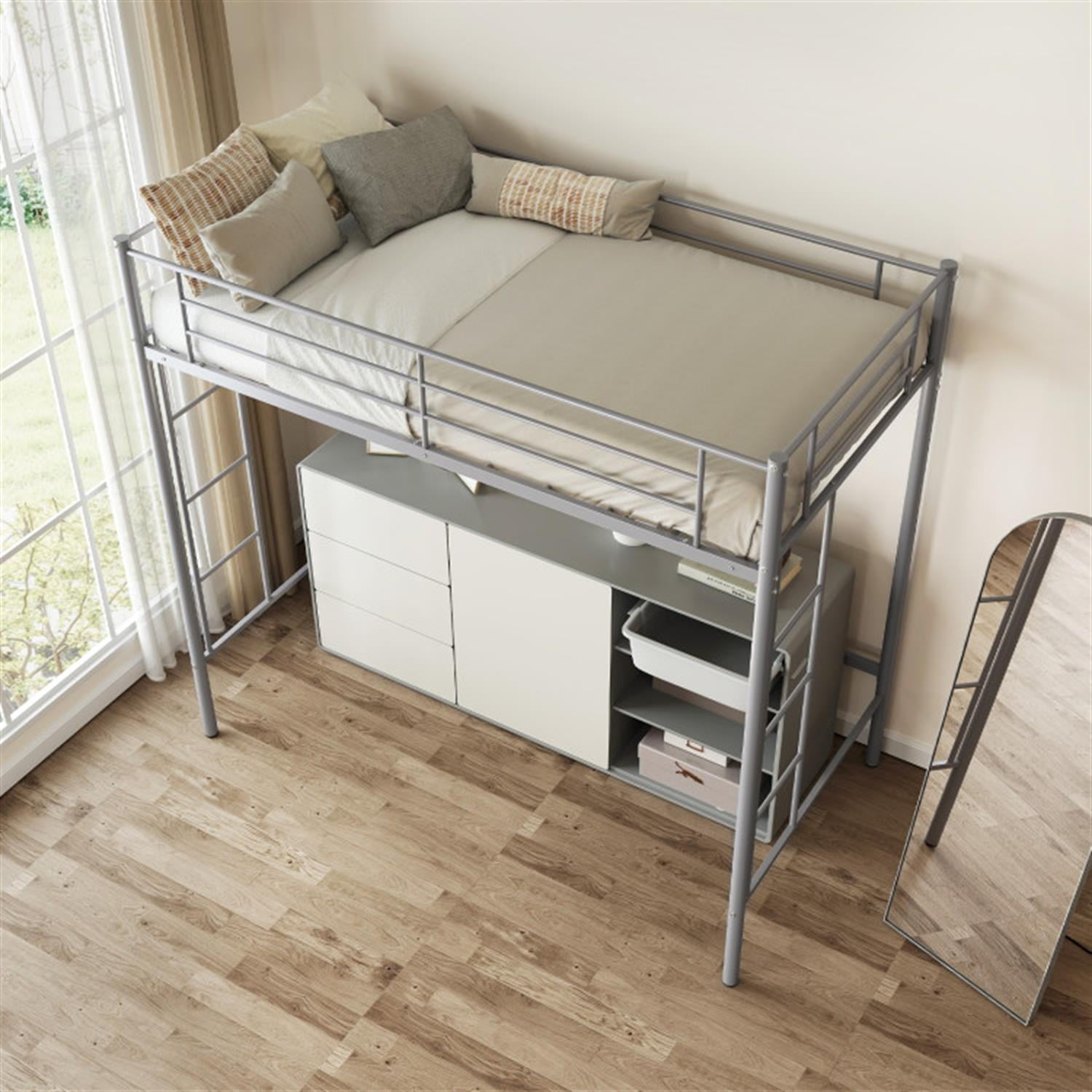 Demi Bonn Metal Twin Loft Bed Frame with 2 Ladders Full-length Guardrail for Teens, Silver