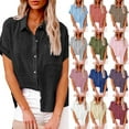 thumbnail image 3 of WTXUE Button-Up Shirts Short Sleeve, Notch Neck Shirts for Women Solid Linen Loose Button Shirt Cotton Solid, Linen Shirts, Workwear for Women Black XXL, 3 of 7