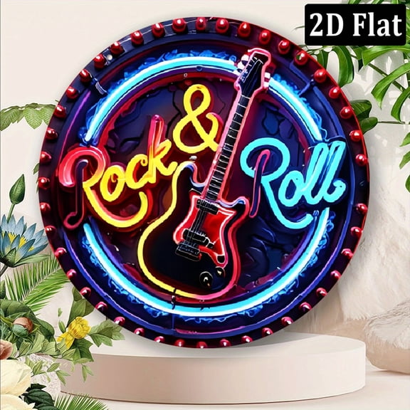 1pc Retro Rock & Roll Neon Light Sign, 2D Metal Aluminum Wall Decor, Vintage Style Guitar Art for Home, Bar, Cafe, Club, Outdoor, Garden, Multi-Purpose Hanging Plaque, English Text, 8*8 Inch